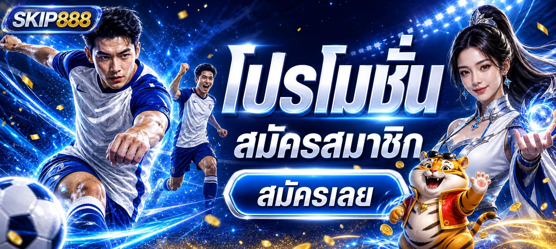แบนเนอร์สมัครสมาชิก SKIP888 พร้อมตัวละครเกมและฟุตบอล